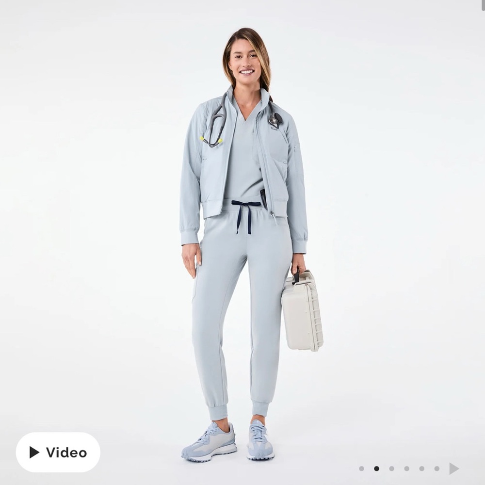 Women's Figs High waisted Dusty  Blue Zamora joggers.